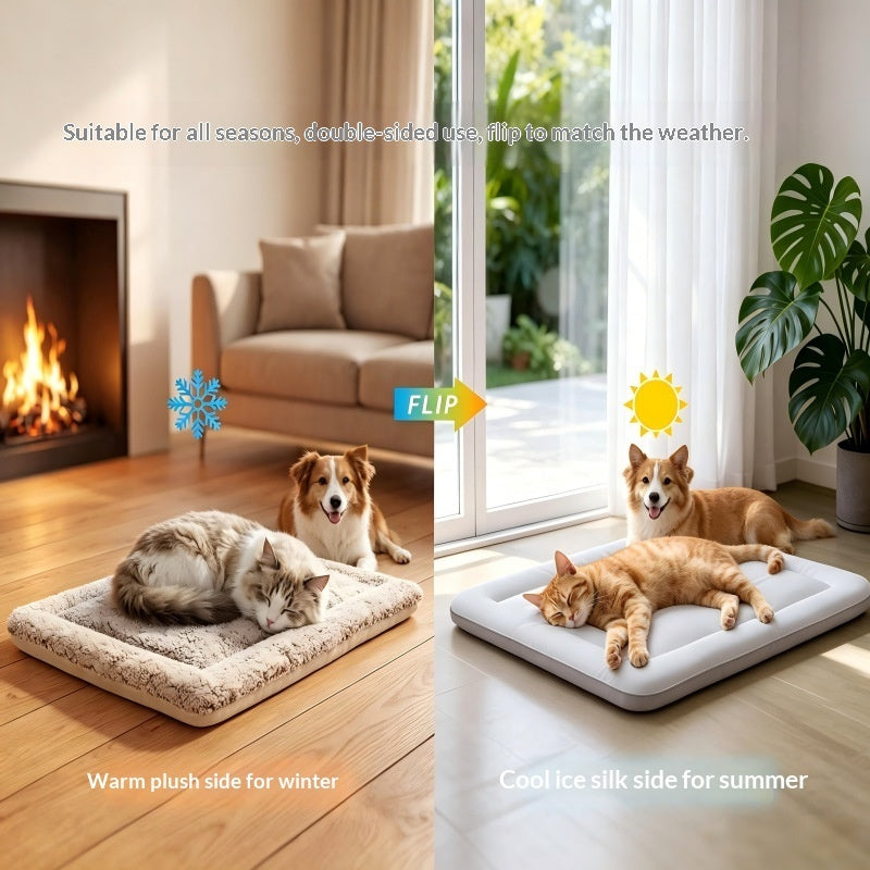 Reversible pet mat shown with plush winter side and smooth summer side