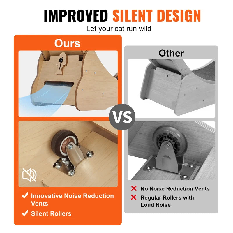 Noise-reducing roller and vent design on the wooden cat exercise wheel base