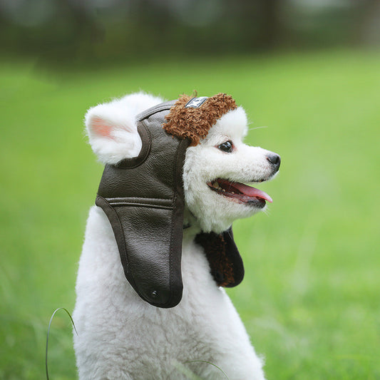 PU dog aviator cap in brown, black and green – product view 1