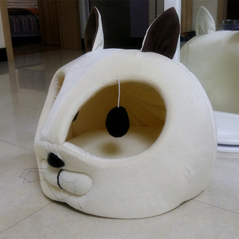 Cat-Face Plush Cave Bed — 42 × 40 × 37 cm