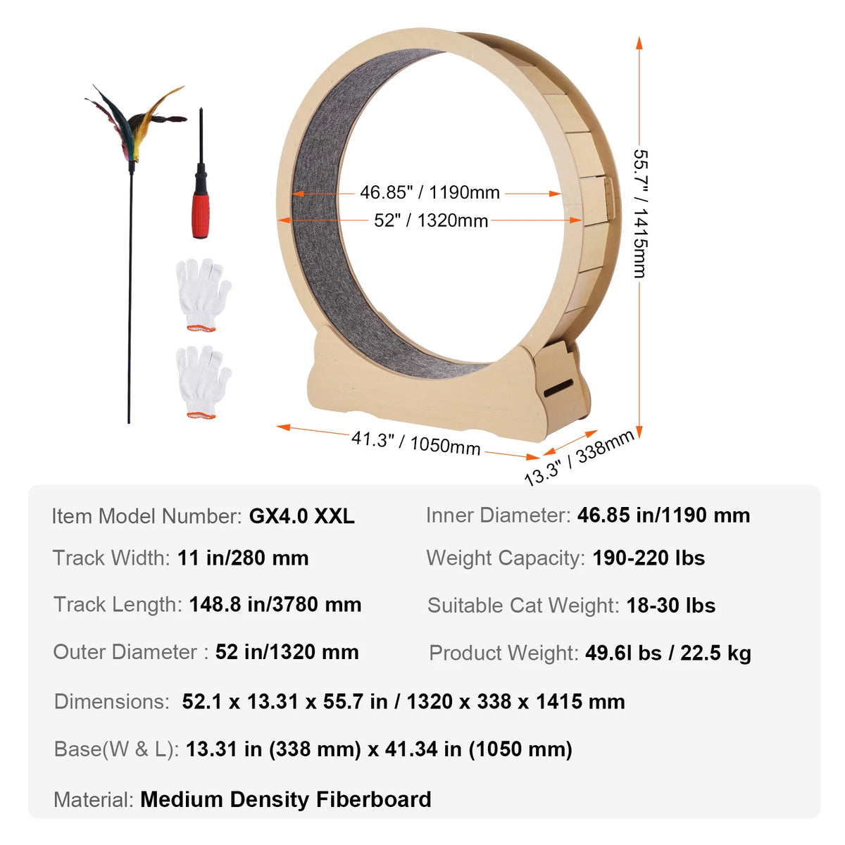 52 inch XXL wooden cat exercise wheel dimensions and suggested cat weight range