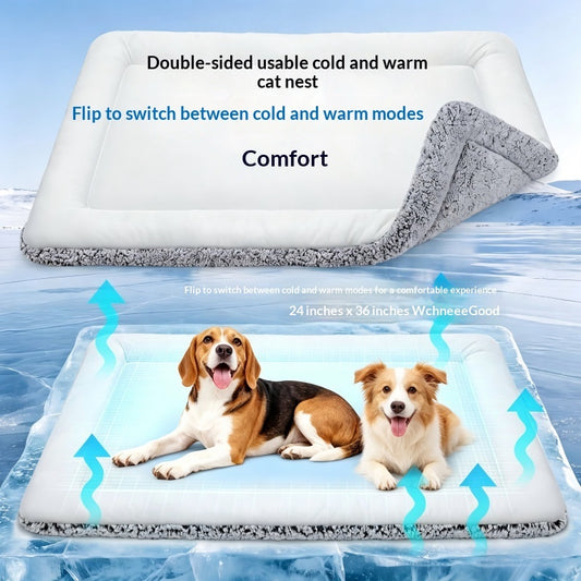Light grey reversible dog mat showing the smooth cooling side and plush reverse side