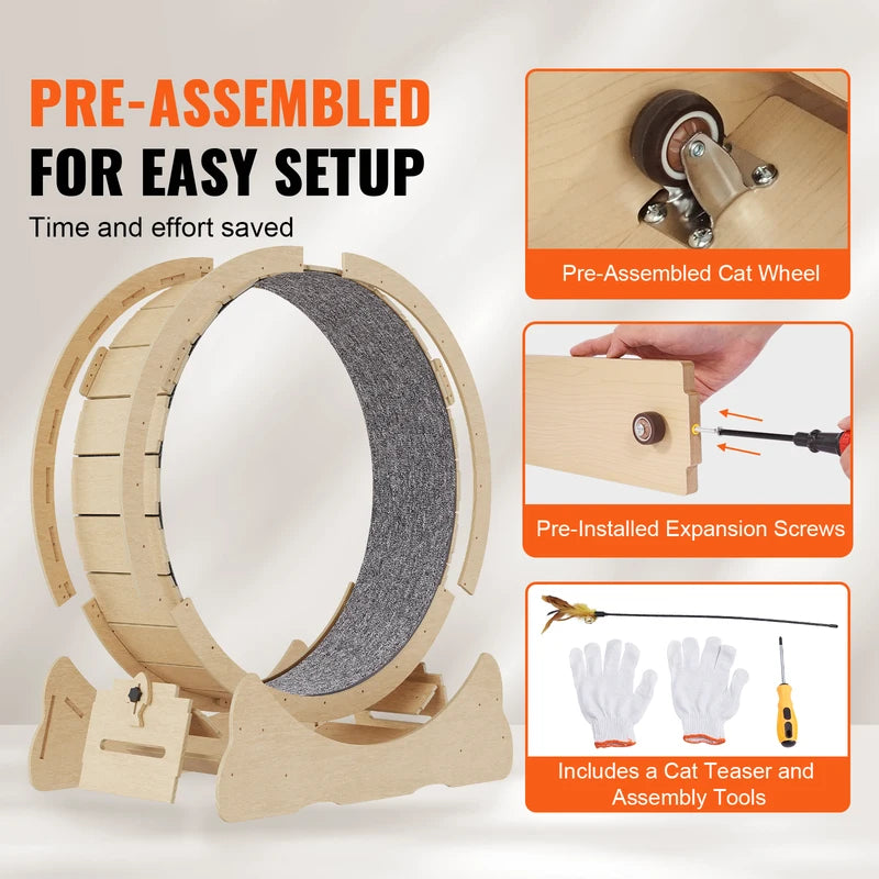 Pre-assembled wooden cat wheel with expansion screws, cat teaser and assembly tools