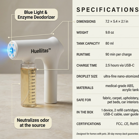 Huellitas device with callouts for the blue light and enzyme deodorizer, deep fibre penetration and safe use around pets and kids