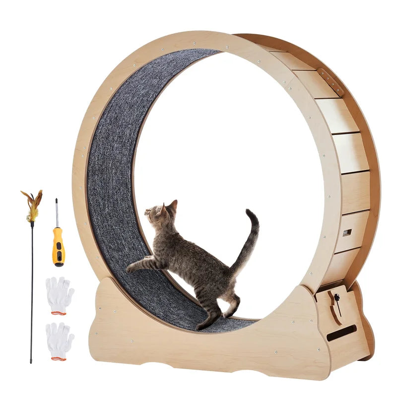Natural wood cat exercise wheel with carpet running track, cat teaser and assembly tools
