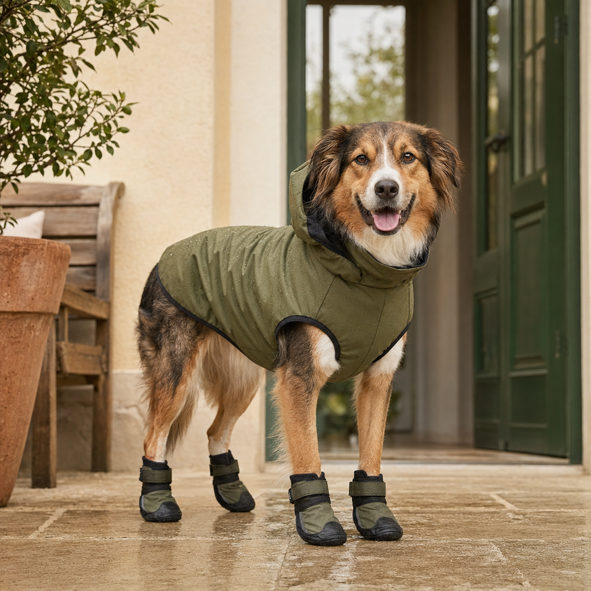 Dog wearing a raincoat and protective boots by a home entrance