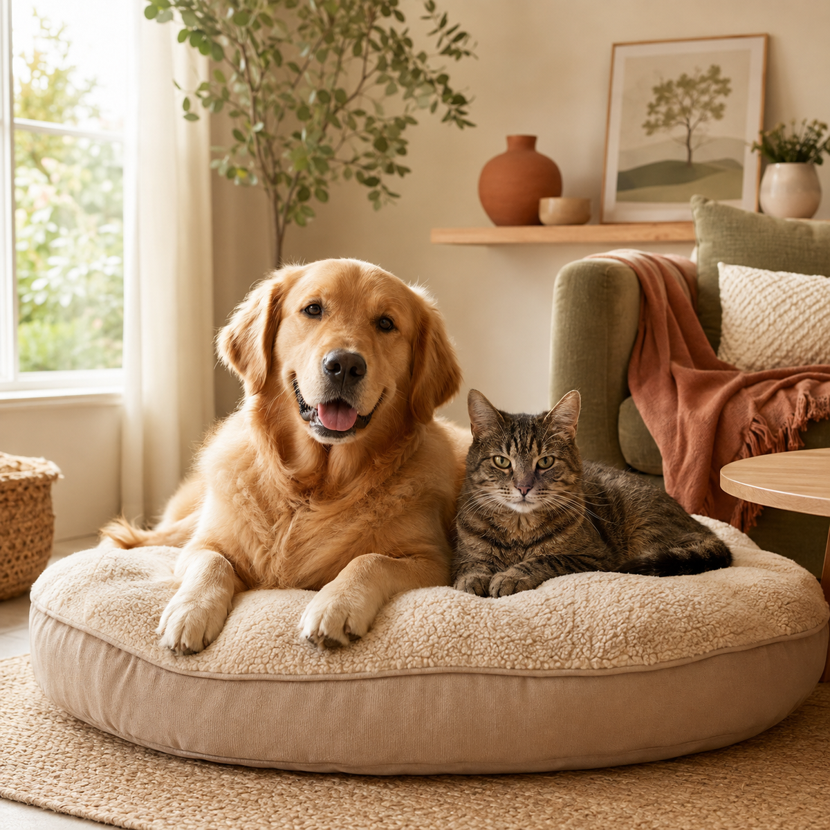 Dog and cat relaxing together on a comfortable pet bed