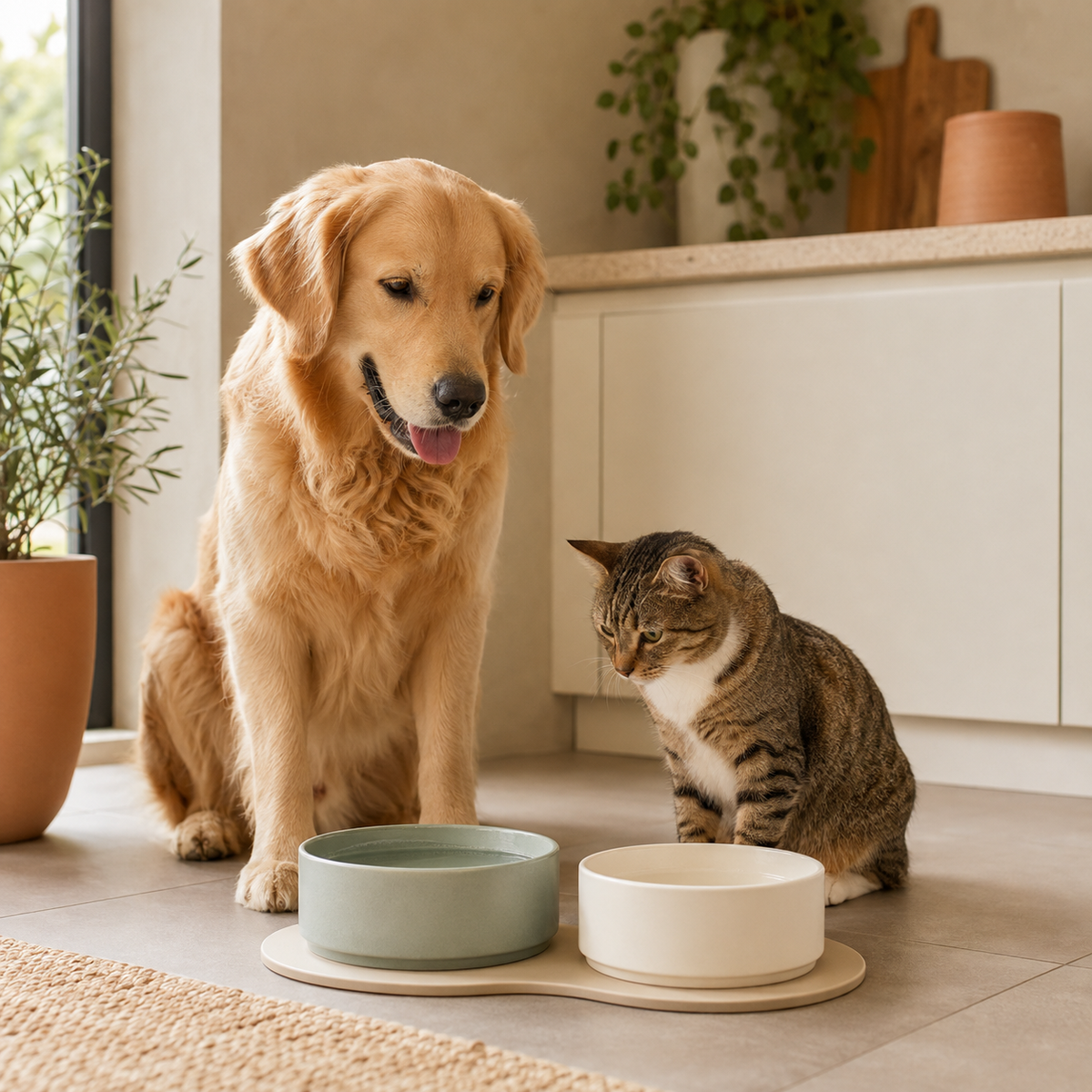 Dog and cat beside ceramic food and water bowls