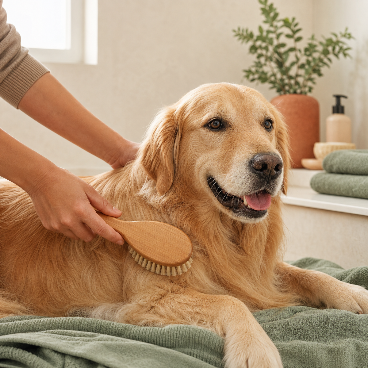 Golden retriever being gently brushed at home