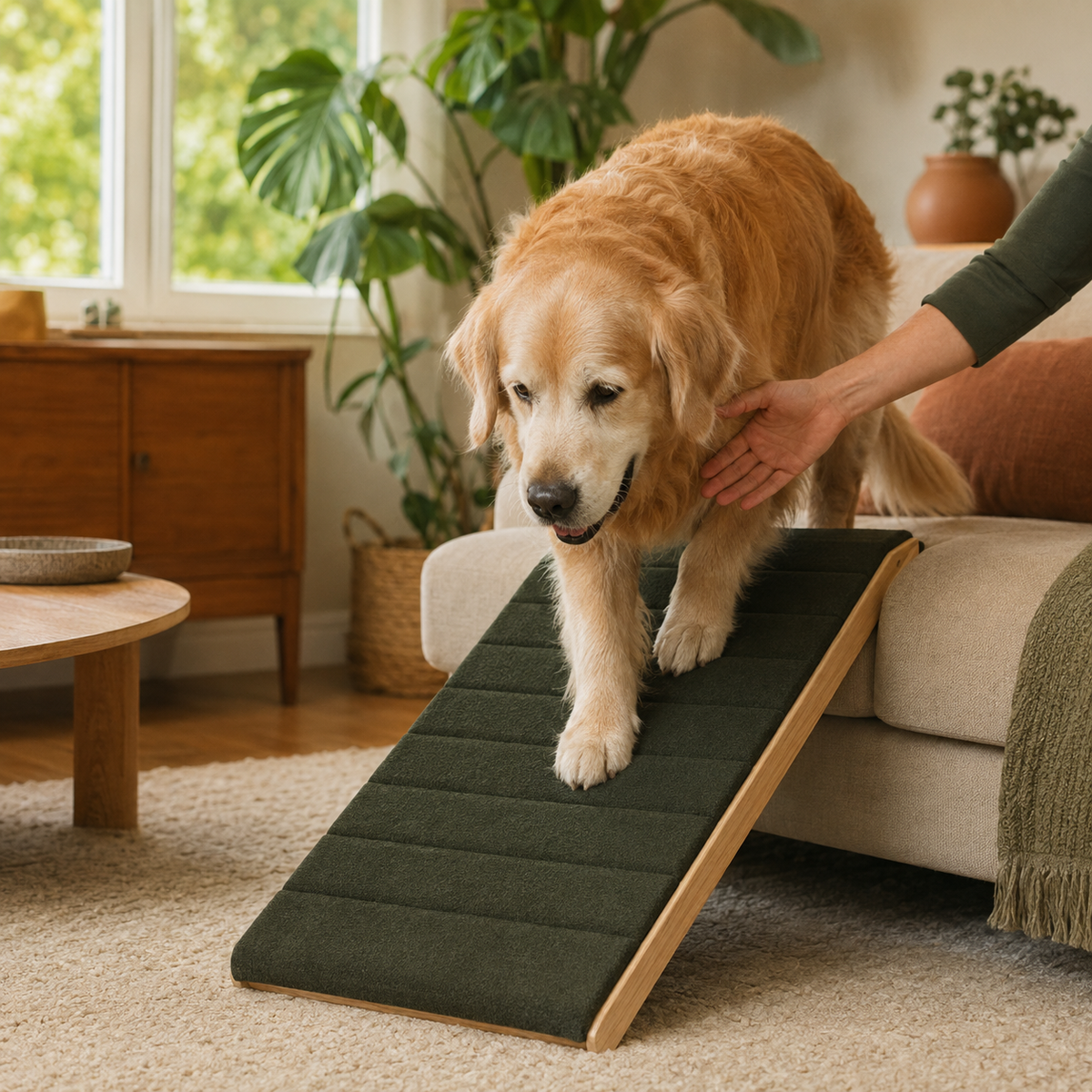Senior dog using a supportive ramp beside a sofa
