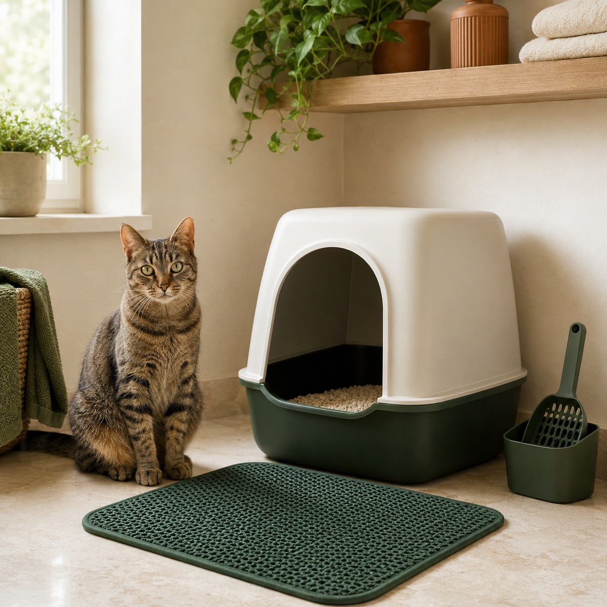 Tabby cat beside a covered litter box, litter mat and scoop