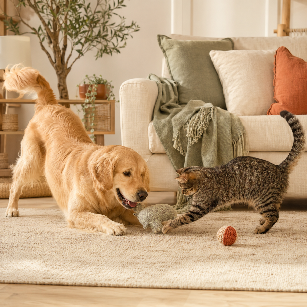 Dog and cat playing together with pet toys