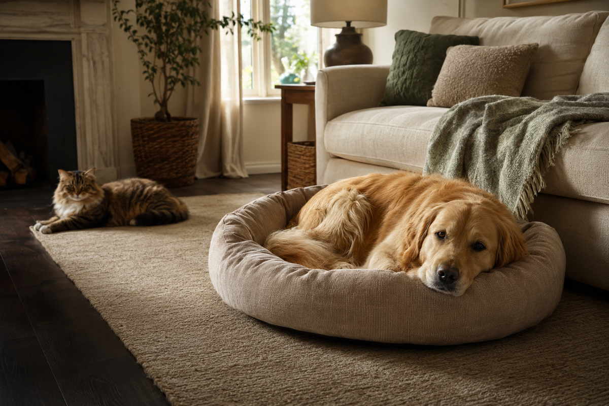 Golden retriever relaxing in a soft pet bed with a cat nearby