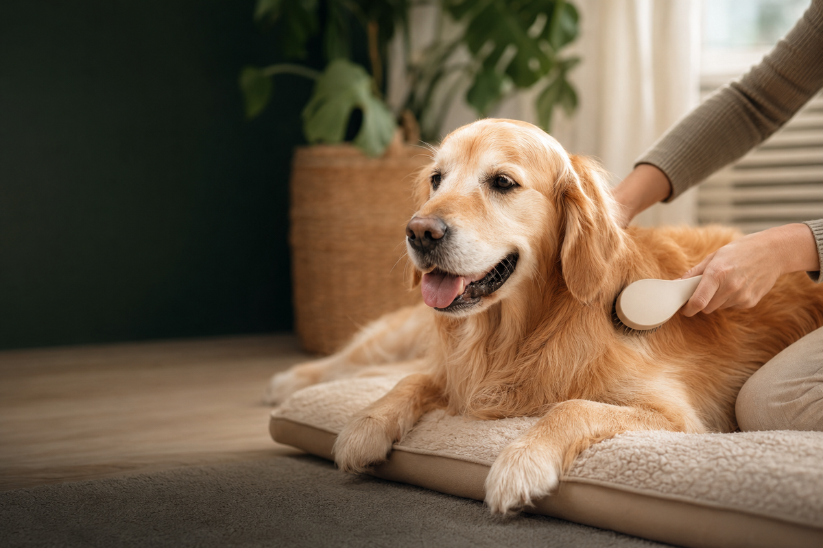 Golden retriever being gently brushed at home
