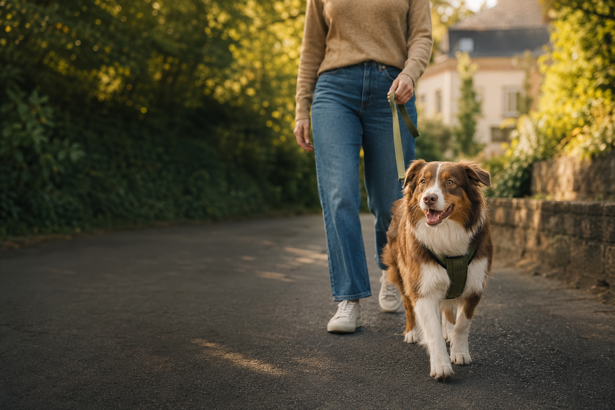 Dog enjoying a calm everyday walk with its owner