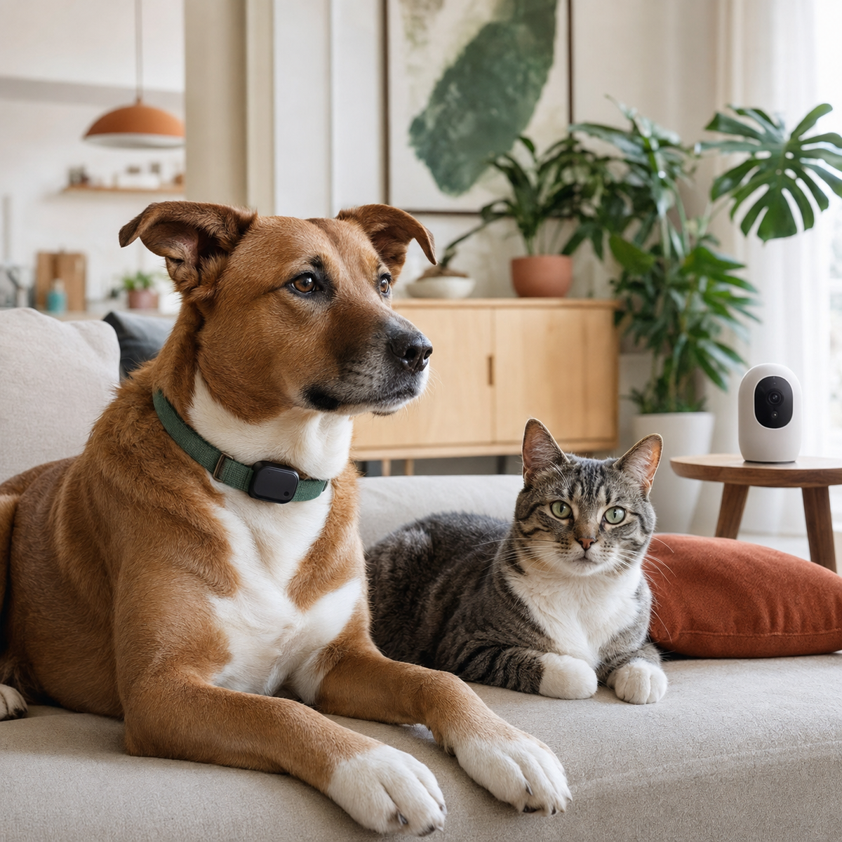 Dog and cat with a collar tracker and home pet camera