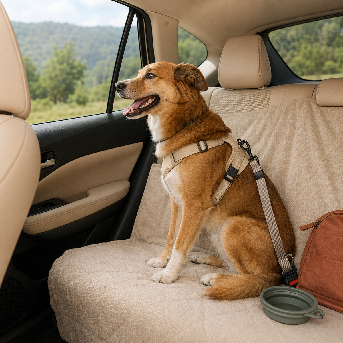Dog secured with a safety harness in a car