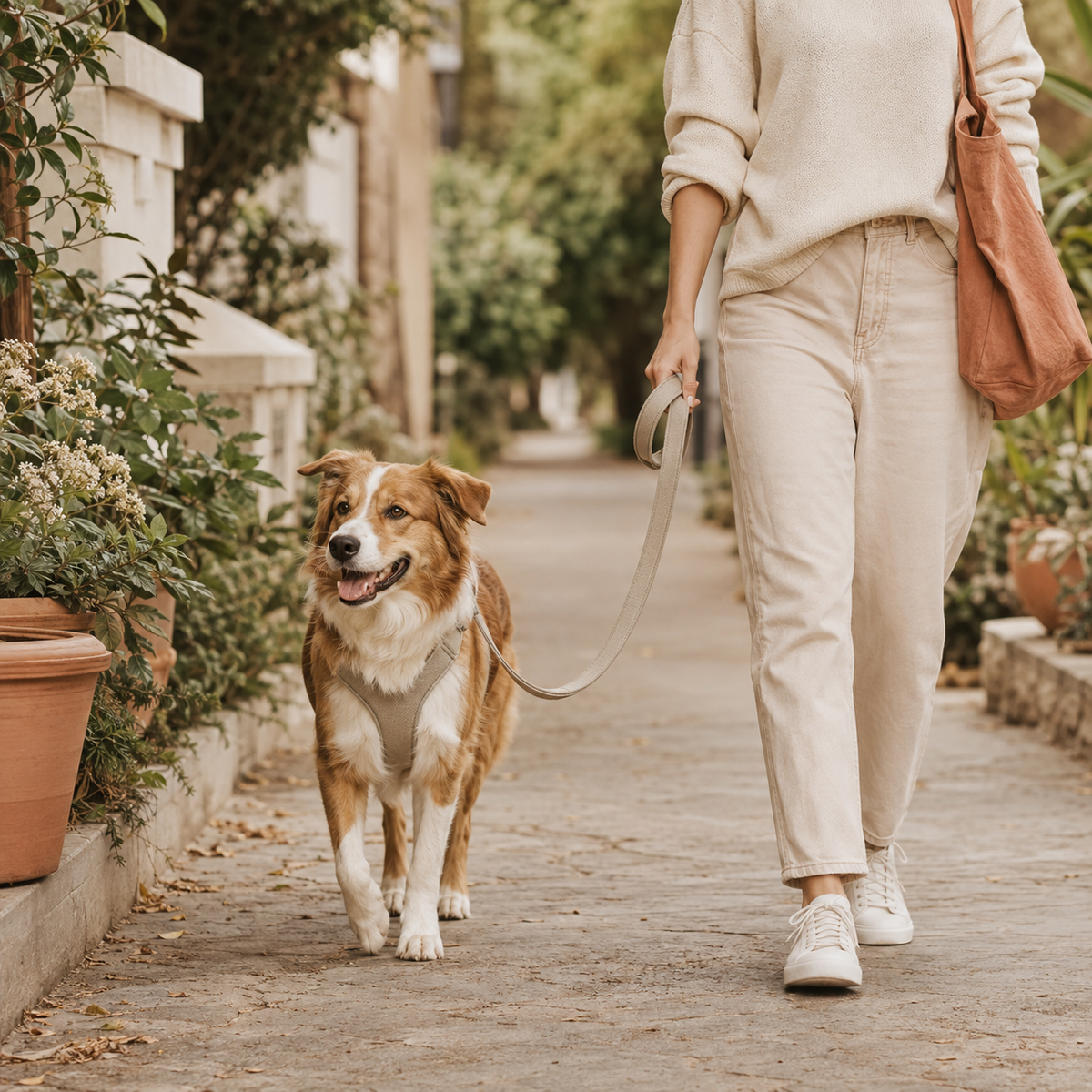 Dog walking calmly with owner on a leafy path